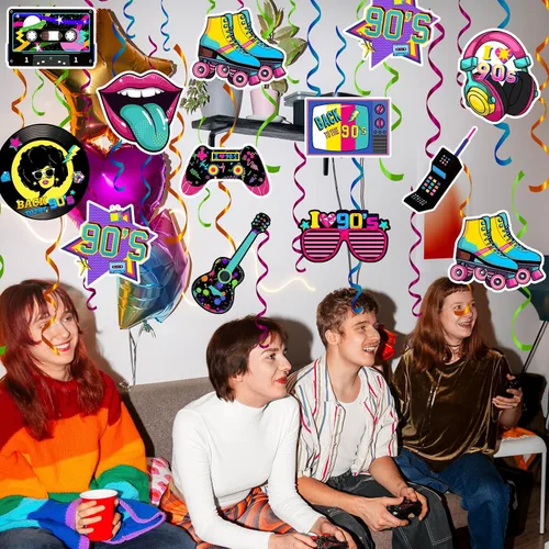 Vista 6 de 48 espirales colgantes de los años 90 para adultos, decoraciones de fiesta de regreso a los 90, decoración de cumpleaños temática de los años 80