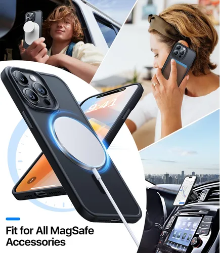 Vista 3 de Funda magnética fuerte para iPhone 15 Pro, [probada en caídas de grado militar] [compatible con MagSafe] translúcida mate delgada funda protectora a