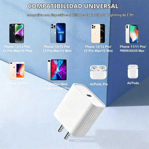 Vista 6 de Cargador rápido para iPhone, 20W [Certificado Apple MFi] USB Tipo C Bloque de Carga Rápida Power Delivery Cargador Lightning con Cable Lightning