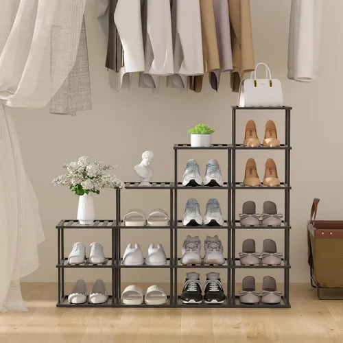 Vista 4 de SHIISEWE Zapatero de bambú para espacios pequeños, 6 niveles de alto, vertical, estrecho, para armario, apilable, soporte negro para almacenamiento