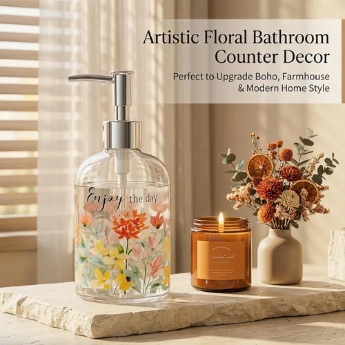 Vista 4 de Topadorn Dispensador de jabón de vidrio de 17 onzas con bomba, impresión floral de acuarela Enjoy the Day, botella líquida recargable para cocina