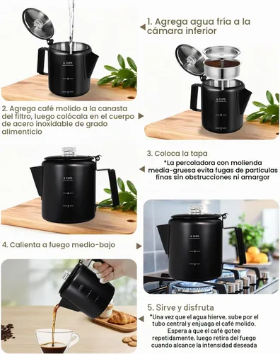 Vista 9 de Cafetera Percoladora de acero inoxidable 304, estufa de olla fácil de preparar y calentar uniformemente, 6 tazas 33.8 onzas, 33.8 fl oz, diseño Negro