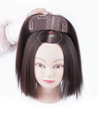 Vista 2 de LXUE Parte superior de cabello humano con base de seda natural para mujeres con cabello gris y delgado, 5 x 5.5 pulgadas, base con flequillo, 8.7