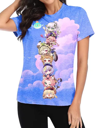 Vista 4 de Genshin Impact - Camiseta para mujer, camisetas de Hu Tao con manga corta para fanáticos unisex, patrones de impresión vivos y duraderos