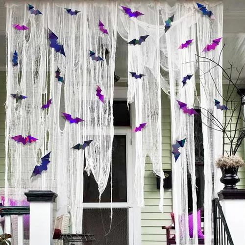 Vista 5 de 72 piezas de murciélagos para decoración de Halloween, murciélagos iridiscentes 3D, decoración de pared, papel holográfico negro y morado