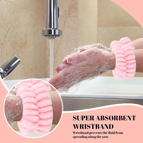 Vista 6 de CAVETEE Diadema de maquillaje para mujer, cuidado de la piel rosa para lavar la cara, lindo spa hinchado con banda elástica y esponjas faciales