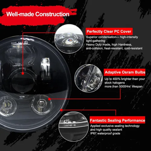 Vista 4 de Faro LED proyección Wisamic 5 – 3/4 pulgadas 5.75 pulgadas Daymaker para motocicletas Harley-Davidson 9 piezas foco, Negro