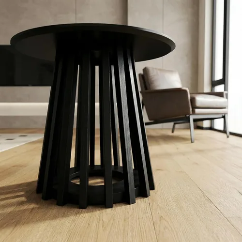 Vista 5 de DUOMAY Mesa auxiliar redonda moderna con base geométrica, mesa auxiliar de madera natural para sala de estar, dormitorio, sala de estar, oficina