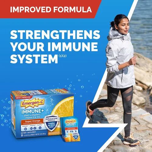 Vista 3 de Emergen-C Immune+ Apoyo Inmunológico de Triple Acción en Polvo, BetaVia (R), 1000 mg de Vitamina C, Vitaminas B, Vitamina D y Antioxidantes, Súper