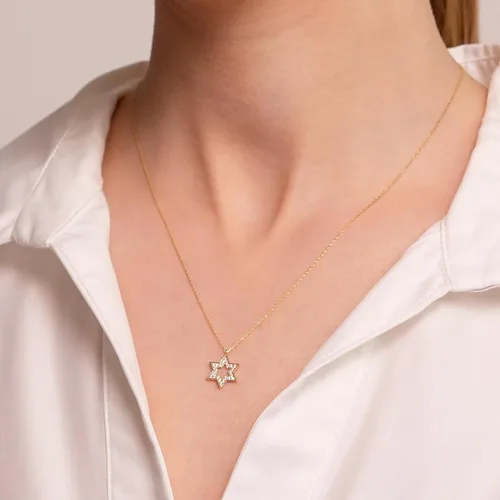 Vista 4 de Gelin Collar de estrella de David de oro macizo de 14 quilates para mujer, Oro, Circonia cúbica