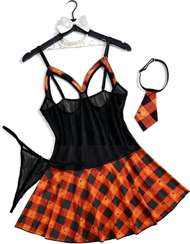 Vista 7 de Avidlove Conjunto de lencería sexy para mujer, falda a cuadros Rosa