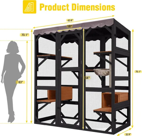 Vista 6 de Wooden Catio Outdoor Cat - Amplio condominio para gatos con 7 plataformas de escalada, 2 acogedoras casas de siestas, panel de ventana expandible