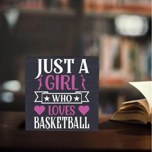 Vista 4 de HTBIG Funny Just a Girl Who Loves Basketball Box Sign Rustic Basketball Lovers Wood Box Sign Art Home Girl Bedroom Shelf Desk Decor 5 x 5 pulgadas