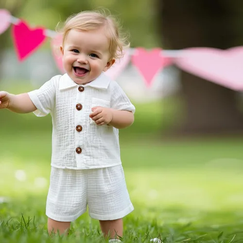 Vista 2 de Conjunto de ropa para bebés y niños pequeños, camisa con botones + pantalones cortos de gasa de algodón, traje de verano, 2 piezas con bolsillos