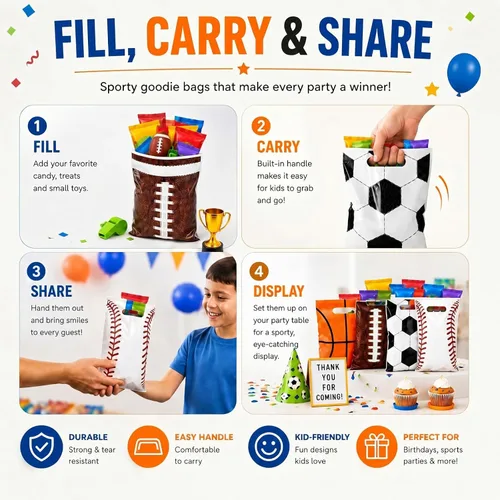 Vista 5 de Funrous 24 Pcs Football Sports Party Favor Bags Soccer Candy Gift Plastic Goodie Treat Bags Bulk with Handles for Baseball Basketball Theme Event
