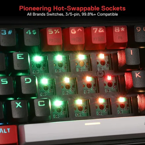 Vista 6 de Redragon K631 PRO - Teclado mecánico compacto con 3 modos RGB inalámbrico para juegos 68 teclas intercambiables en caliente con enchufe PCB
