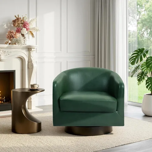 Vista 36 de Silla Giratoria de Acento de Cuero Sintético con Base de Madera, Sillas de Barril Tapizadas Modernas para Sala de Estar, Cómodo Sillón Redondo Sofá
