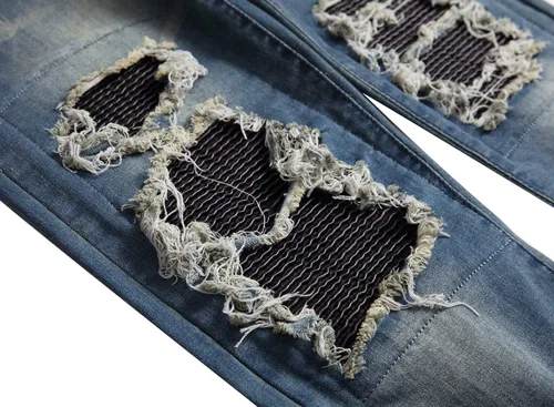 Vista 7 de QIMYUM Jeans ajustados para hombre, jeans ajustados rasgados para hombre, jeans de motociclista, elásticos, pantalones de mezclilla de Moto Cargo