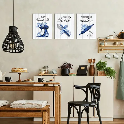 Vista 4 de RnnJoile Decoración de cocina azul marino, divertida imagen de cocina, arte de pared, panadería, habitación, decoración de pared, lienzo, enmarcado