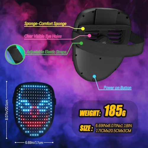 Vista 10 de Ompusos LED Mask with Gesture Sensing, Light-Up Transforming Face Cover for Halloween, Christmas, Cosplay & Birthday Parties