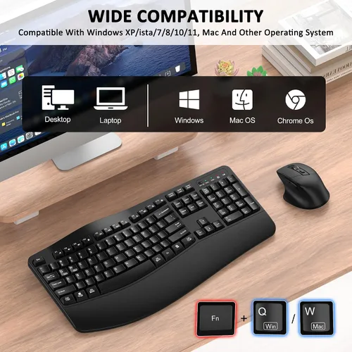 Vista 7 de Combo de teclado y mouse inalámbricos, teclas de onda ergonómica 2.4G (negro) Full Size Wave Keyboard with Wrist Rest, 3-Level DPI Adjustable
