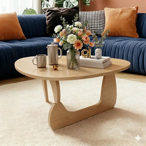 Vista 9 de Mesa de centro moderna de madera maciza, mesa central triangular única para sala de estar, 35.4 x 22.8 x 16.5 pulgadas, natural