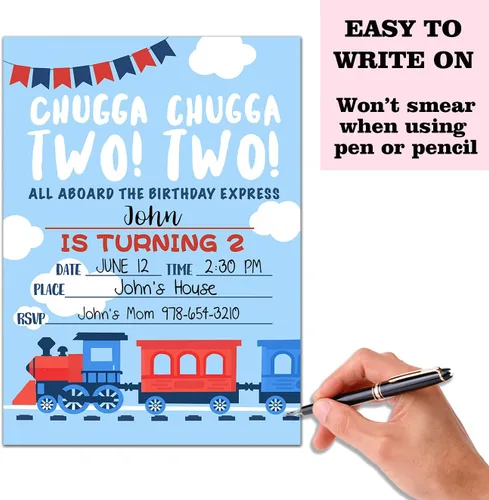 Vista 4 de Tarjetas de invitación para fiesta de cumpleaños, celebración de fiesta de tren de vapor, 2do cumpleaños Chugga Chugga Two Two Train, suministros