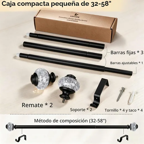 Vista 7 de Barras de cortina negras de 32 a 58 pulgadas (2.6-4.8 pies), USFOOK barras de cortina telescópicas empalmables de 7/8 pulgadas para ventanas de 20 a