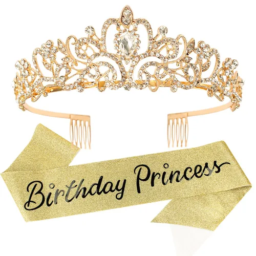 Vista 12 de VELSCRUN Tiaras de coronas de princesa de cumpleaños, banda de cumpleaños para niñas, decoraciones de feliz cumpleaños/accesorios para mujer Rosa