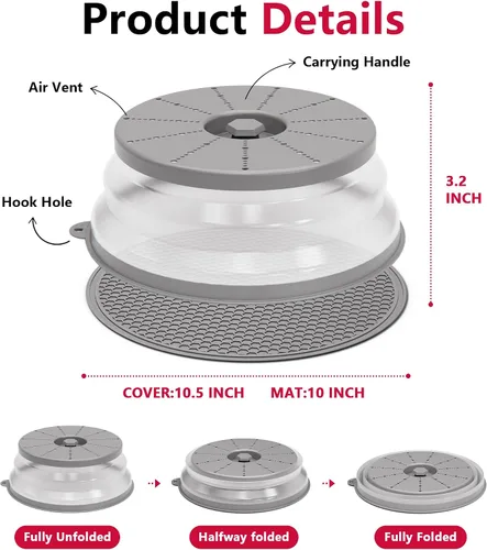 Vista 6 de WVM Tapa para salpicaduras de microondas y esterilla, protector contra salpicaduras plegable con ventilación, tapa de plato y esterilla de cocina