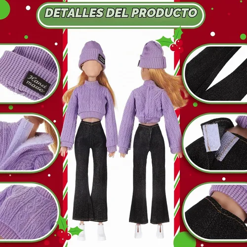 Vista 5 de Fourluoo 6 piezas de ropa de muñeca de invierno de 11.8 pulgadas, conjunto de accesorios de muñeca de moda, suéteres, pantalones de mezclilla, ropa
