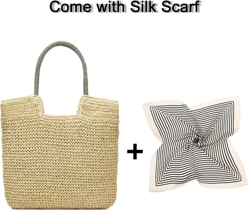 Vista 3 de Rejolly Bolso de mano de paja para mujer, para playa, verano, vacaciones, estilo bohemio, de ratán, bolso grande de hombro tejido