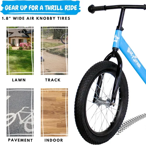 Vista 4 de Bicystar Bicicleta de equilibrio para niños de 16 pulgadas para niños de 5 a 8 años, sin pedales, neumáticos de aire, reposapiés, altura ajustable