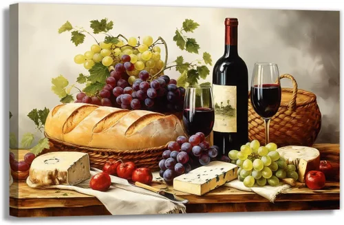 Vista 10 de OAAPITI Cuadros de Cocina Decoración de Pared Acuarela Vino Uva Pan Impresión en Lienzo Pinturas Abstractas de Frutas y Alimentos para Comedor Casa