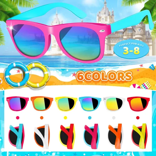 Vista 3 de Paquete de 24 lentes de sol para niños con protección UV400, recuerdos de fiesta para niños y niñas de 3 a 8 años, bolsas de regalo de neón