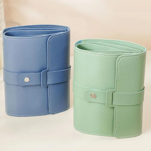 Vista 5 de Organizador de aretes con diseño de libro plegable, organizador de libros de aretes, estuche portátil de cuero sintético para aretes de viaje (azul)