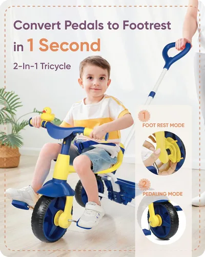 Vista 2 de KRIDDO - Triciclos 2 en 1 para niños de 18 meses a 3 años, ruedas EVA mejoradas, ideal para regalo para niños de 2 a 3 años, con mango de empuje