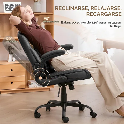 Vista 6 de Silla de Oficina para el Hogar con Soporte Lumbar, Asiento Engrosado de 5", Pequeña Silla de Escritorio Mecedora de Cuero PU, Cómodas Sillas de Negro