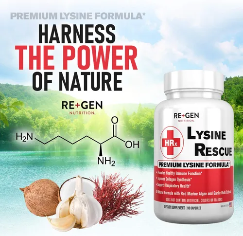 Vista 3 de Re+Gen Nutrition Lysine Rescue, suplemento de aminoácidos para una salud inmune más fuerte y síntesis de colágeno en mujeres y hombres, promueve