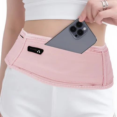 Vista 2 de Cinturón de correr para teléfono – Riñonera ajustable para correr con 3 bolsillos para teléfonos de hasta 7.2 pulgadas, cangurera delgada para Rosa