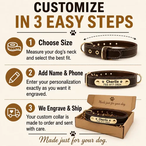 Vista 8 de Collar de cuero para perro personalizado con placa de nombre grabable - Collar con etiqueta de identificación duradera - Collar para perro