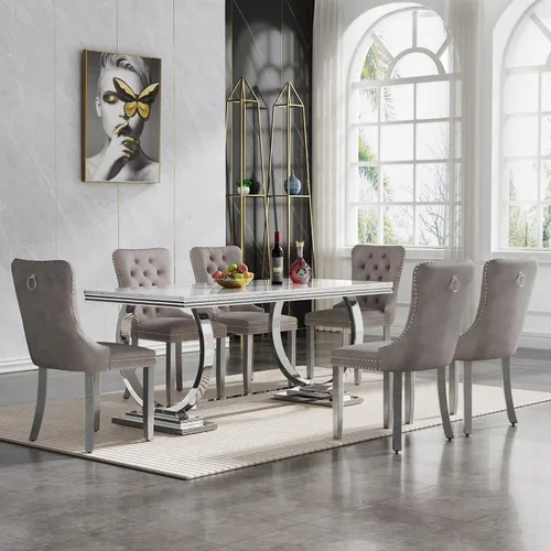 Vista 36 de HomVent Juego de mesa de comedor moderna de mármol sintético para 4 personas, mesa de cocina rectangular con 4 sillas beige (dorado)