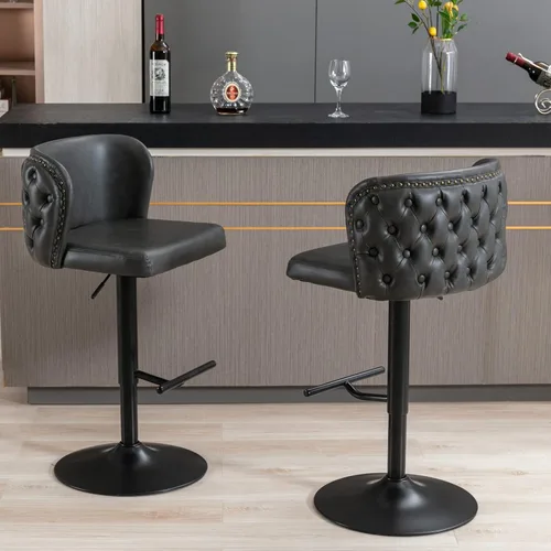Vista 10 de Juego de 2 taburetes de bar de cuero, taburetes de bar giratorios de altura ajustable con botón trasero copetudo y patas de metal cromado dorado