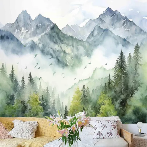 Vista 9 de Atrippy Tapiz verde de naturaleza forestal para dormitorio, paisaje brumoso, telón de fondo para colgar en la pared, mural de pared grande, tapices