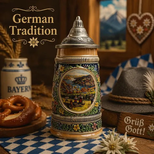 Vista 6 de Descenso de la visualización en Alemania Esencia de Europa Regalos e.h.g. Collectible cerveza de cerámica con tapa de metal