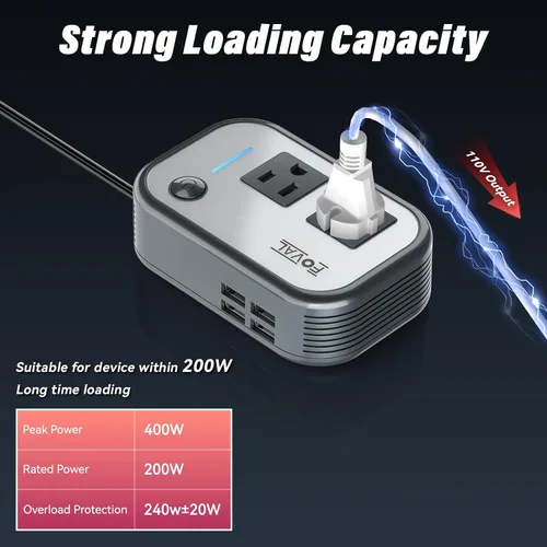 Vista 4 de Inversor de potencia de coche de 200 W, FOVAL, 12 V CC a 110 V CA, inversor de coche con 4 puertos USB, adaptador de toma de corriente para coche