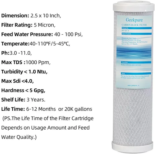 Vista 3 de Geekpure - Cartucho de filtro de repuesto para bloque de carbono para sistema de filtración de agua RO y filtración de agua para toda la casa, 2.5 x