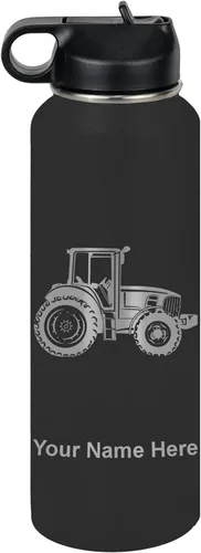 Vista 71 de LaserGram Botella de agua personalizada, tractor agrícola, acero inoxidable de doble pared aislada al vacío con popote superior, regalo grabado