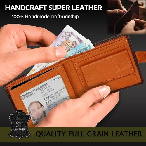 Vista 4 de StarHide Billetera para hombre con bloqueo RFID, de piel real, compacto, con bolsillo, tarjetero para identificación, 1075, marrón y marrón, Marrón