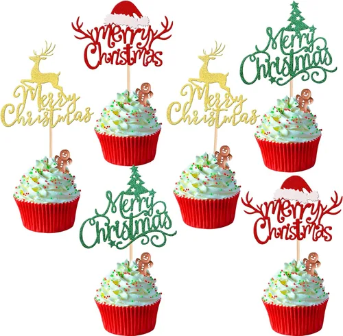 Vista 31 de Rsstarxi Paquete de 24 Adornos para Cupcakes Oh Baby de Navidad con Purpurina, Sombreros de Navidad, Palillos para Cupcakes de Baby Shower para Baby